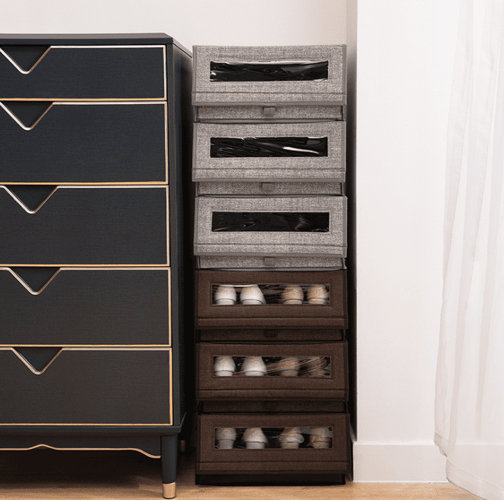 Grey Fabric Stackable Shoes Bin Box Organizer.